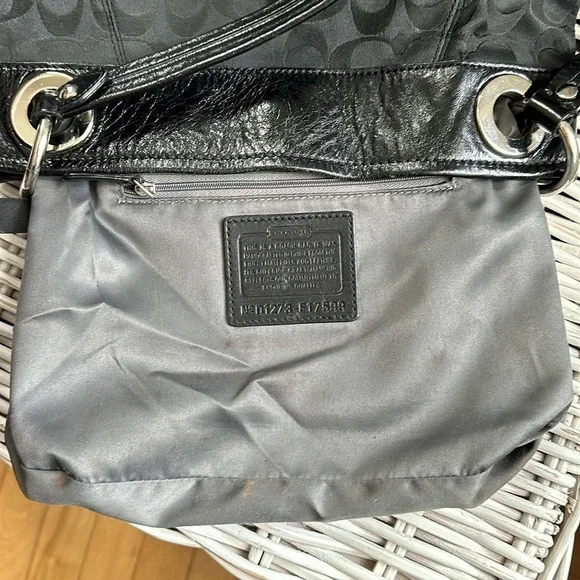 COACH Black Signature C Sateen Shoulder Bag with Creased Leather Trim - Picture 14 of 16